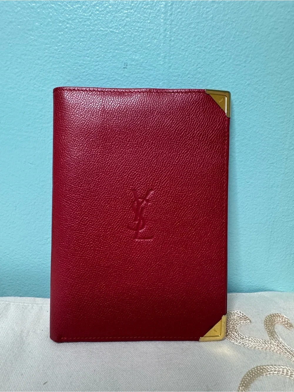 Yves Saint Laurent Red Leather Travel Cover with Gold Corner Accents